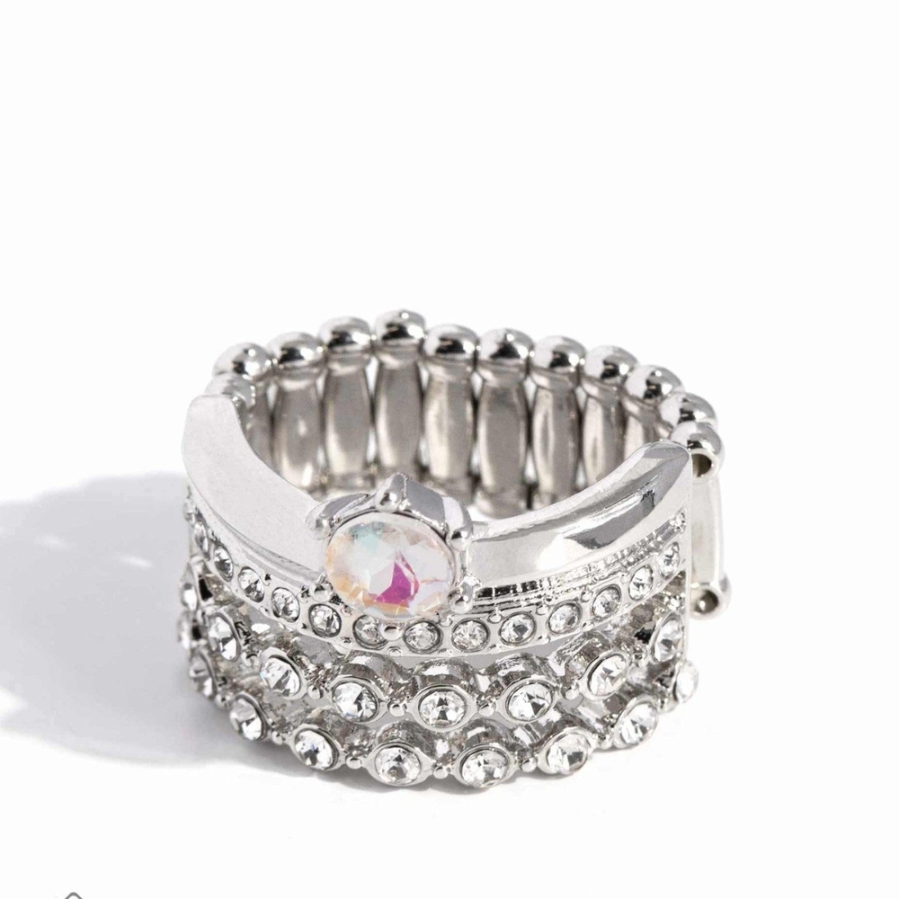 Paparazzi Silver Rhinestone Stretch Ring Her Royal Highness White Stack Ring